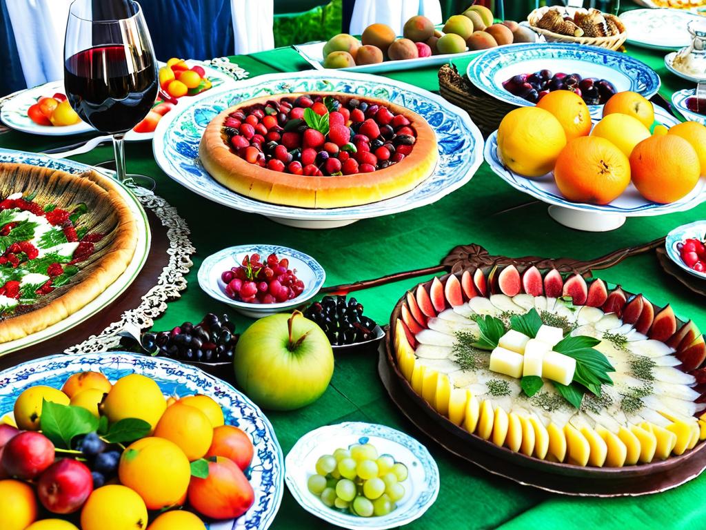 Традиционная абхазская еда с фруктами и вином