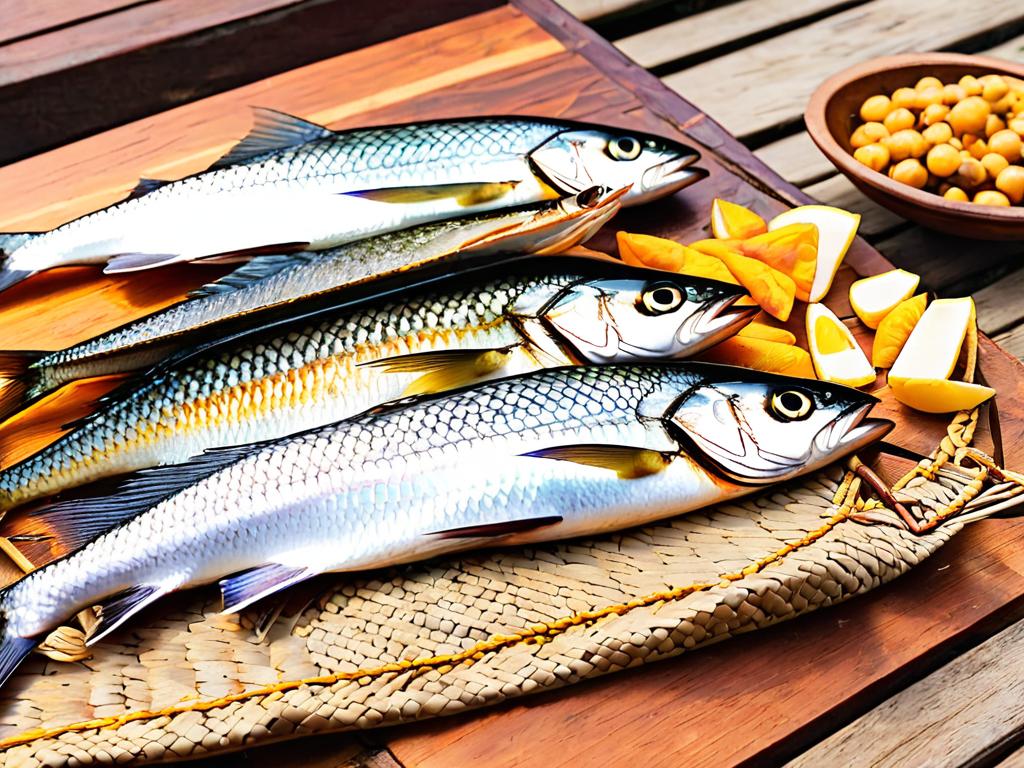 Ассорти копченой и вяленой рыбы на деревянном прилавке рынка