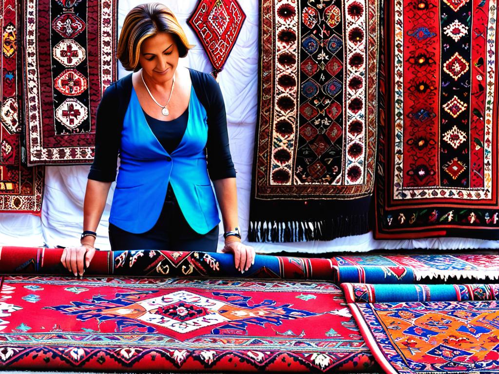 Женщина рассматривает ковры ручной работы на рынке Вернисаж в Ереване