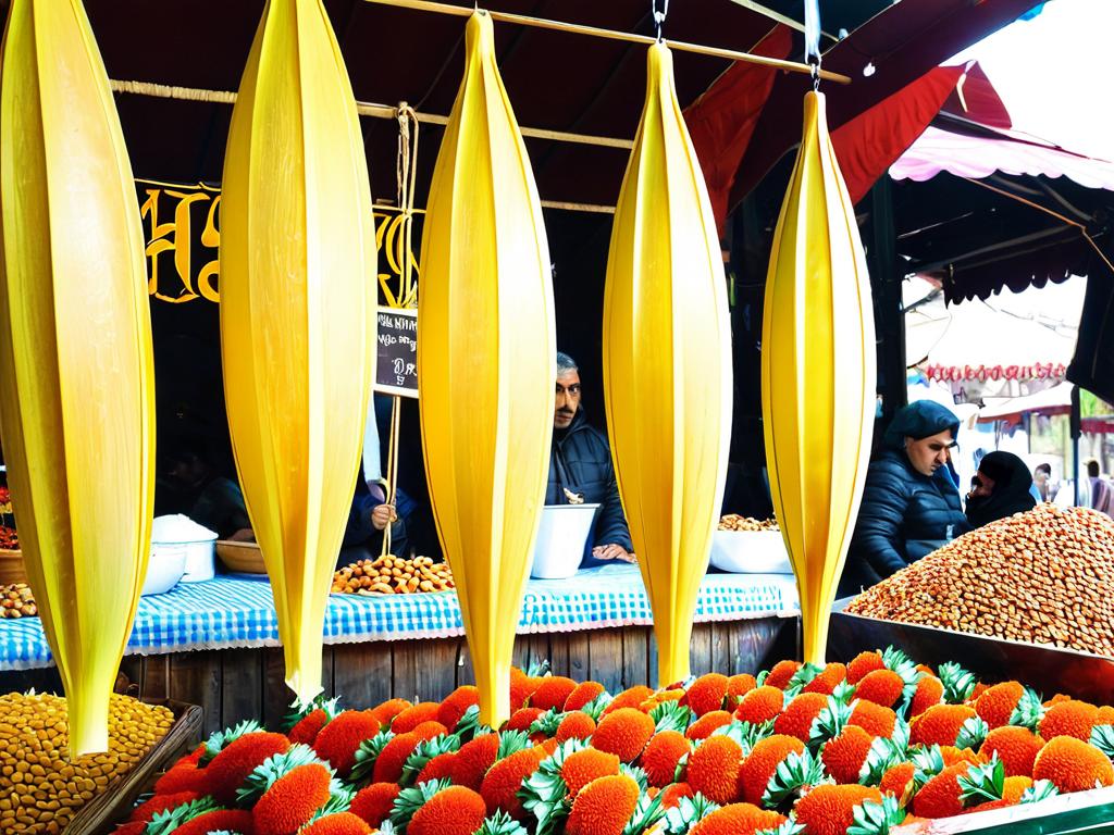 Армянская сладость чурчхела на прилавке рынка в Ереване
