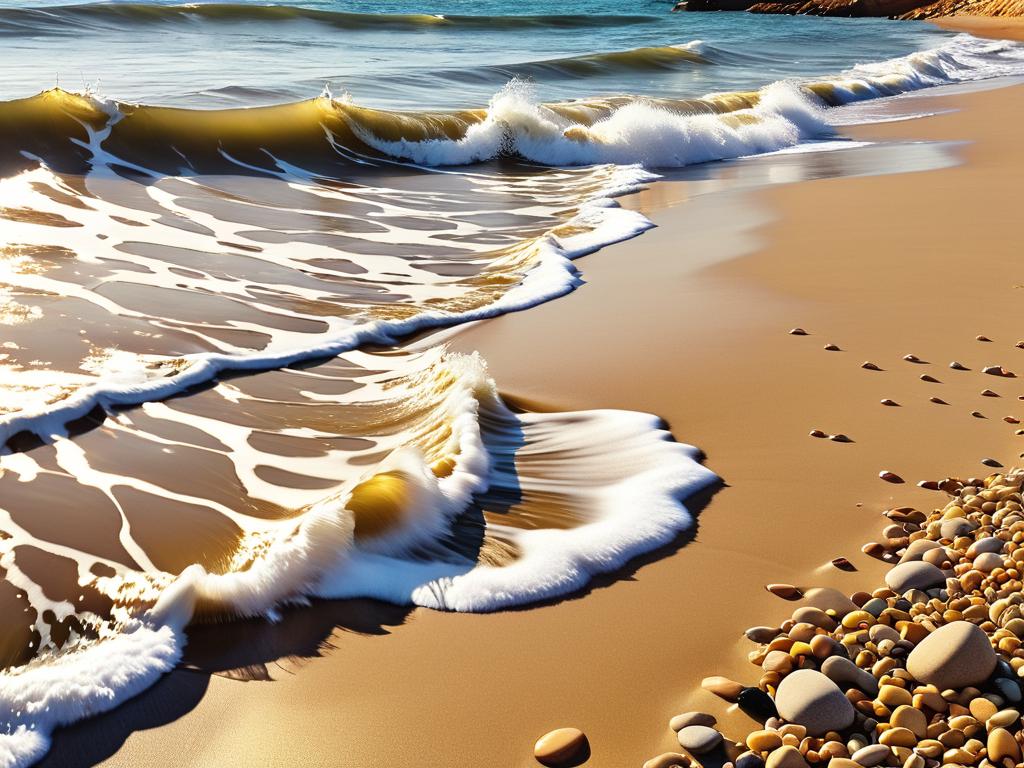 Морские волны, плещущиеся на пустом пляже с желтым песком и галькой