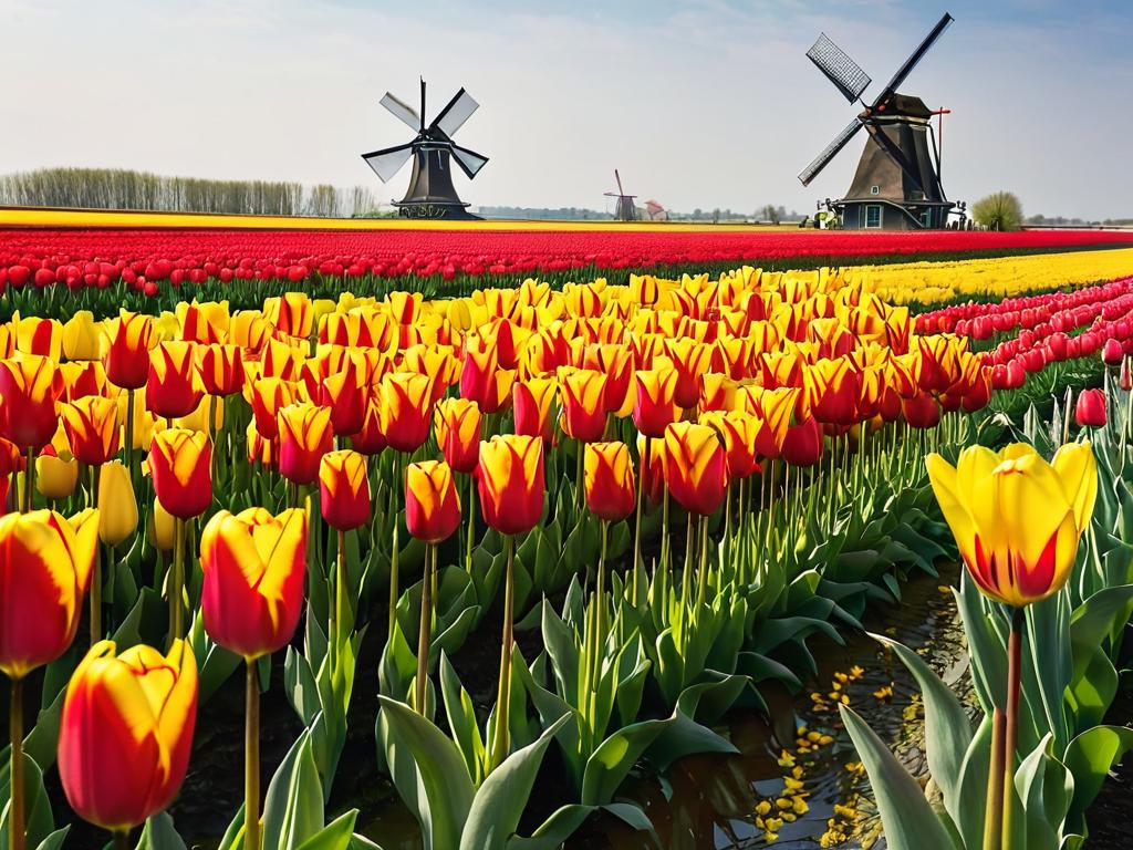 Красные и желтые тюльпаны цветут на фоне ветряных мельниц в Нидерландах