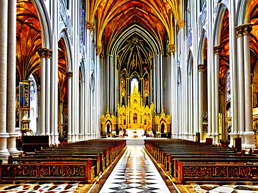 Интерьер богато украшенного собора с золотыми алтарями и арками
