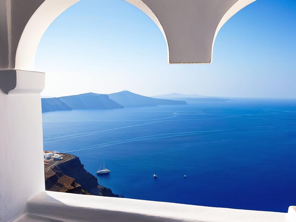 Вид на Эгейское море и город с острова Санторини в Греции