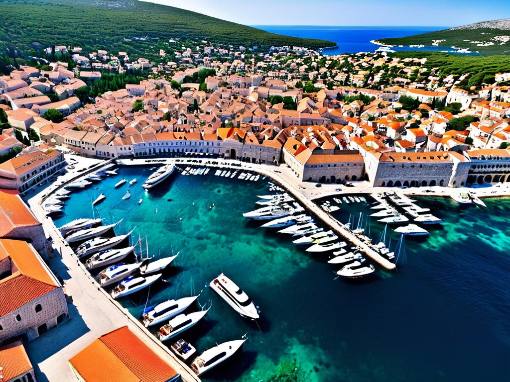 Панорама старого города и порта Хвар в Хорватии с высоты