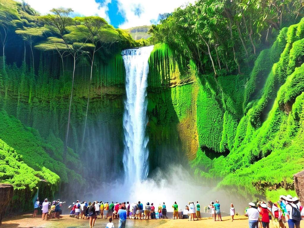 Водопад Шамарель на Маврикии с туристами