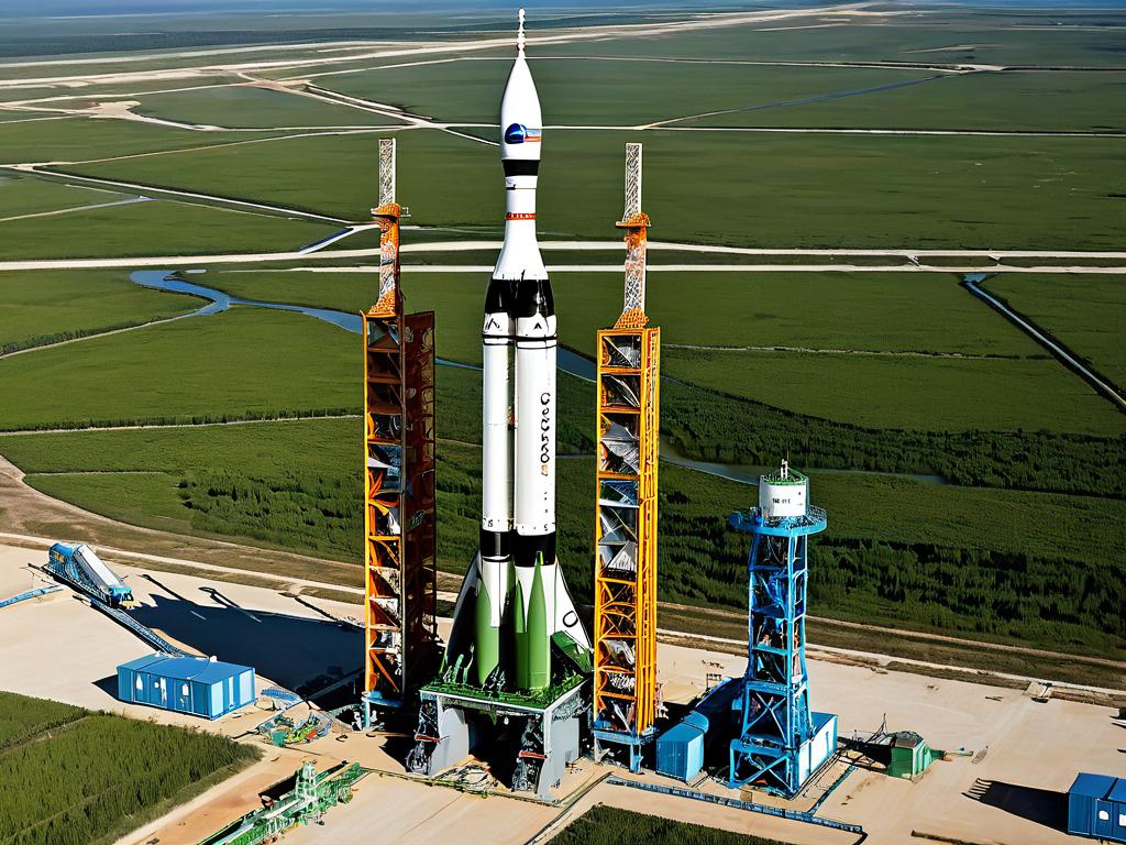 Космодром с ракетой Союз на стартовой площадке, готовой к запуску