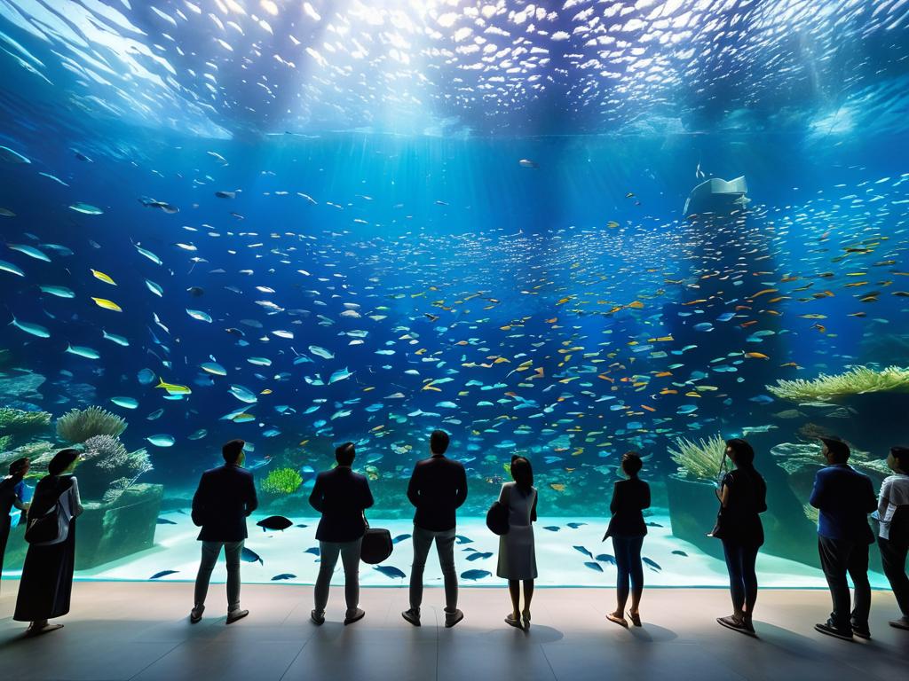 Люди стоят у стеклянной стены большого аквариума и смотрят на плавающих там рыб
