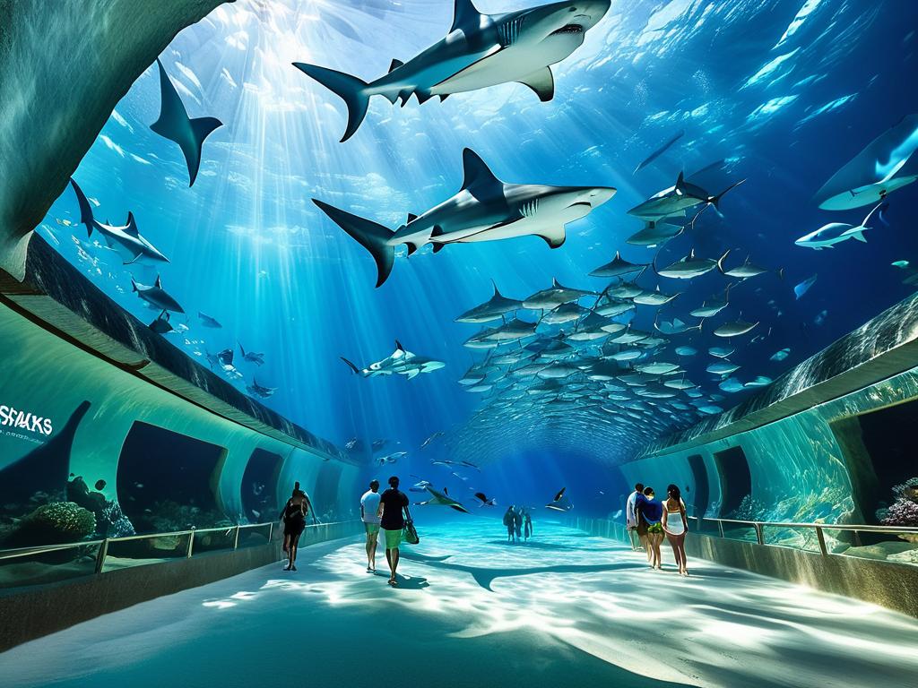 Акулы и скаты плавают над посетителями, идущими по подводному туннелю экспозиции