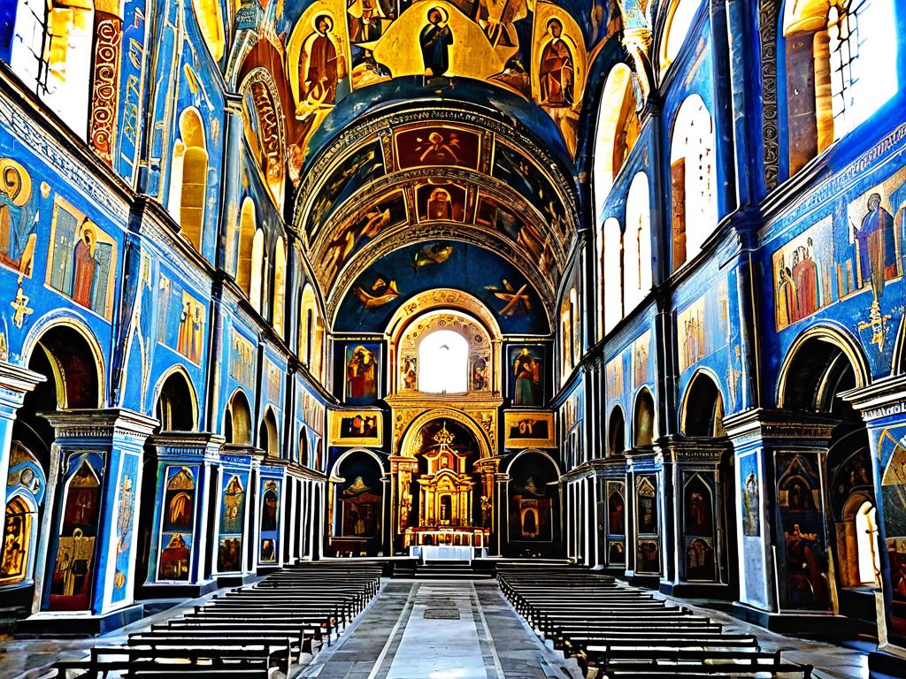 Интерьер Успенского собора Кирилло-Белозерского монастыря, фрески и иконостас