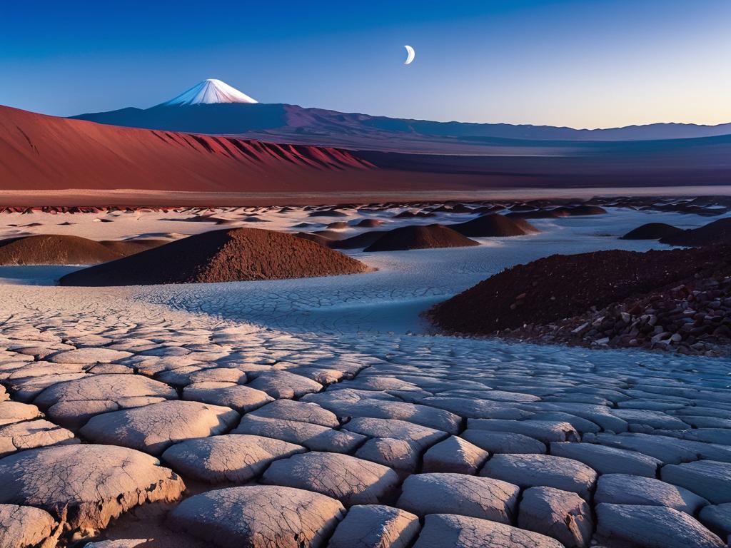 Пустыня Атакама в Чили с лунными скальными образованиями под голубым небом