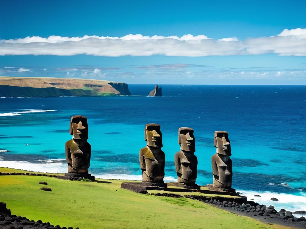 Статуи моаи, стоящие лицом к океану на фоне бирюзовой воды под голубым небом на острове Пасхи в Чили