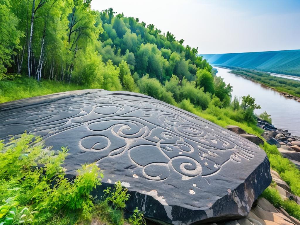 Петроглифы на скале на берегу реки Амур в Хабаровском крае