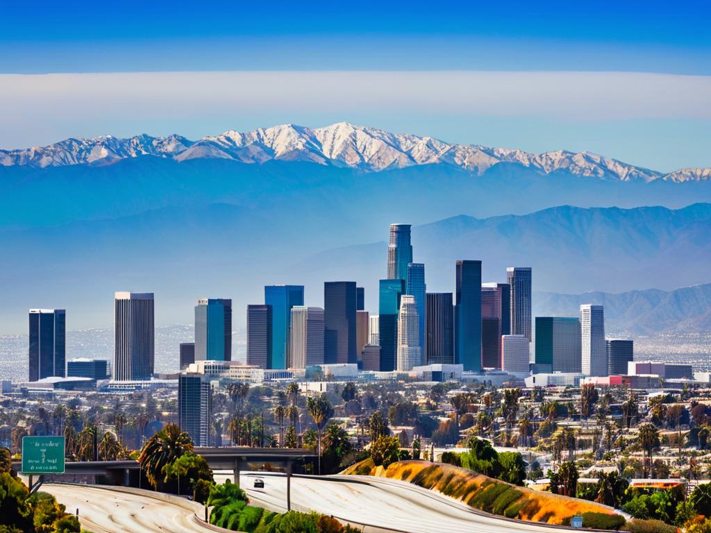Панорама центра Лос-Анджелеса с небоскребами и горами
