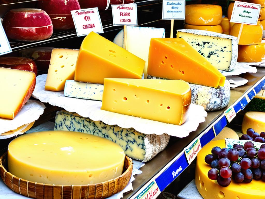 Ассортимент сыров на прилавке в магазине Абхазии