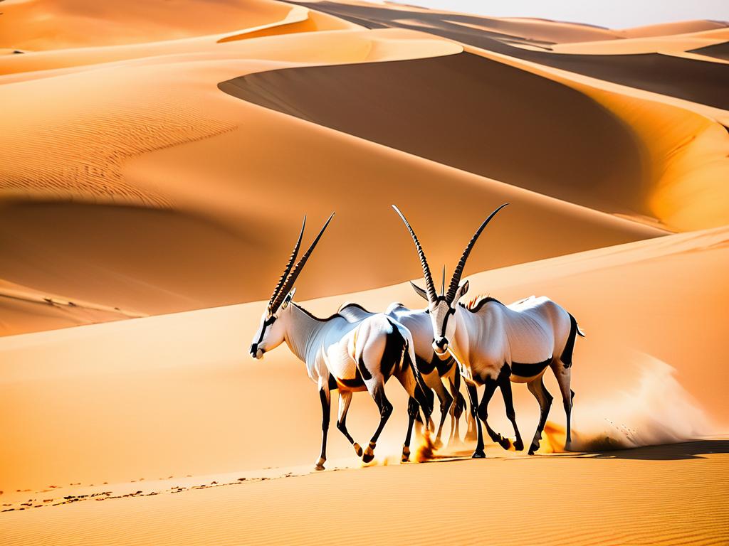 Стадо аравийских ориксов в пустыне