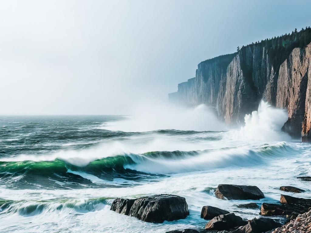 Скалистое побережье Балтийского моря с мощными волнами, разбивающимися о скалы и поднимающими