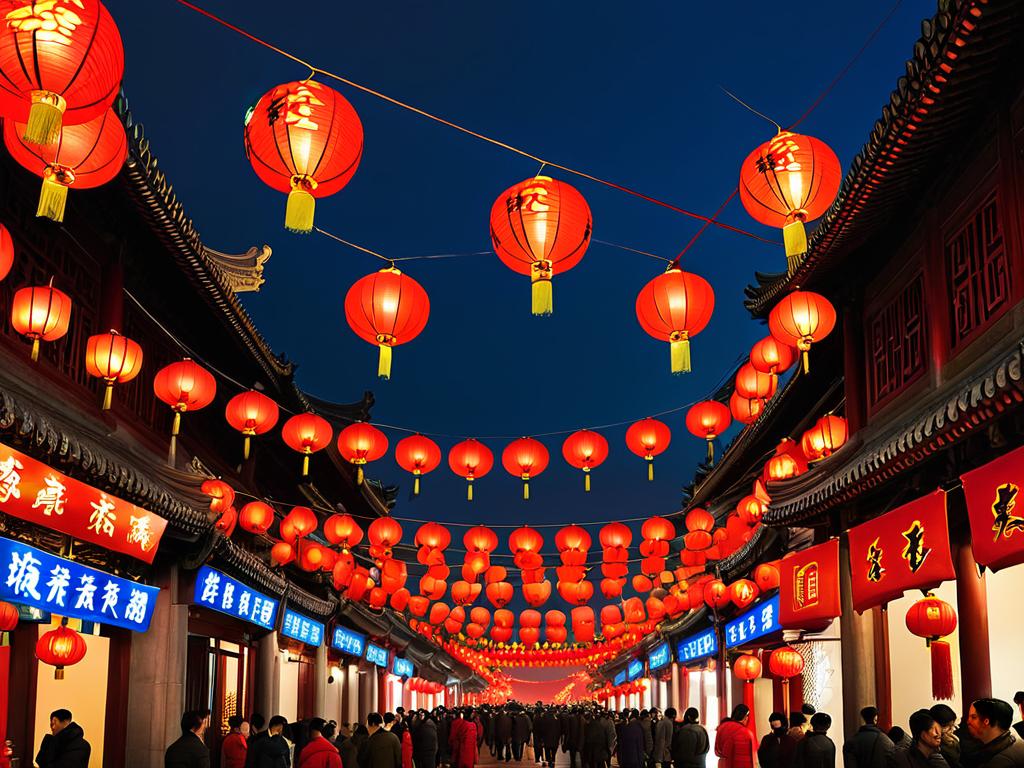 Красные фонарики на улице Пекина во время празднования Китайского Нового года