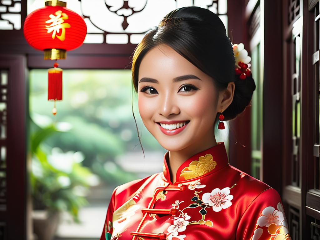 Портрет молодой китаянки в традиционном платье ципао