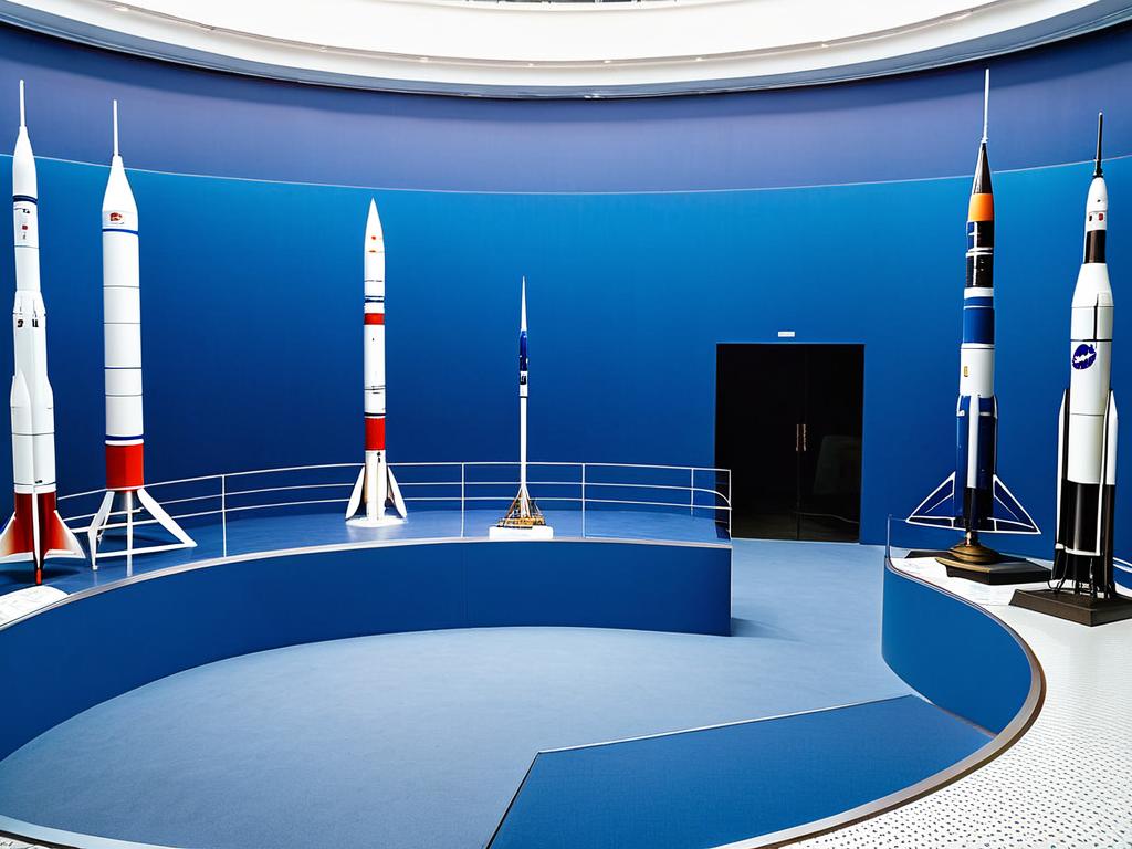Интерьер музея Циолковского с макетами ракет и космических кораблей