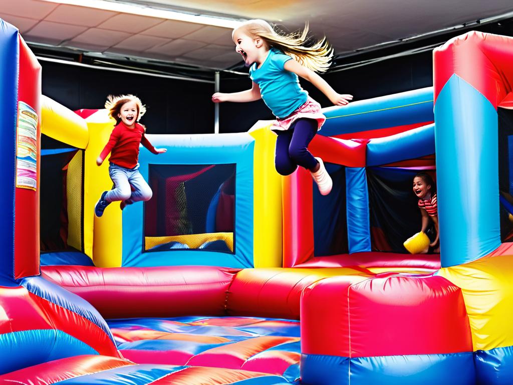 Дети веселятся, прыгая на батутах в помещении детского развлекательного центра