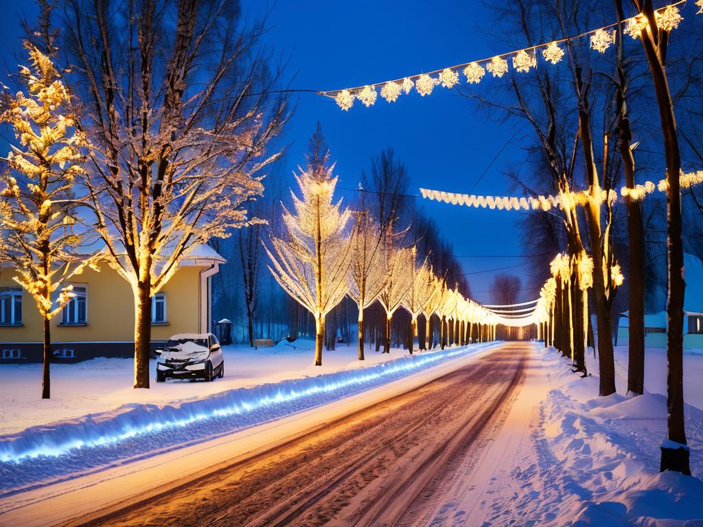 Уютная улица в минском Троицком предместье, подсвеченная праздничной иллюминацией ночью