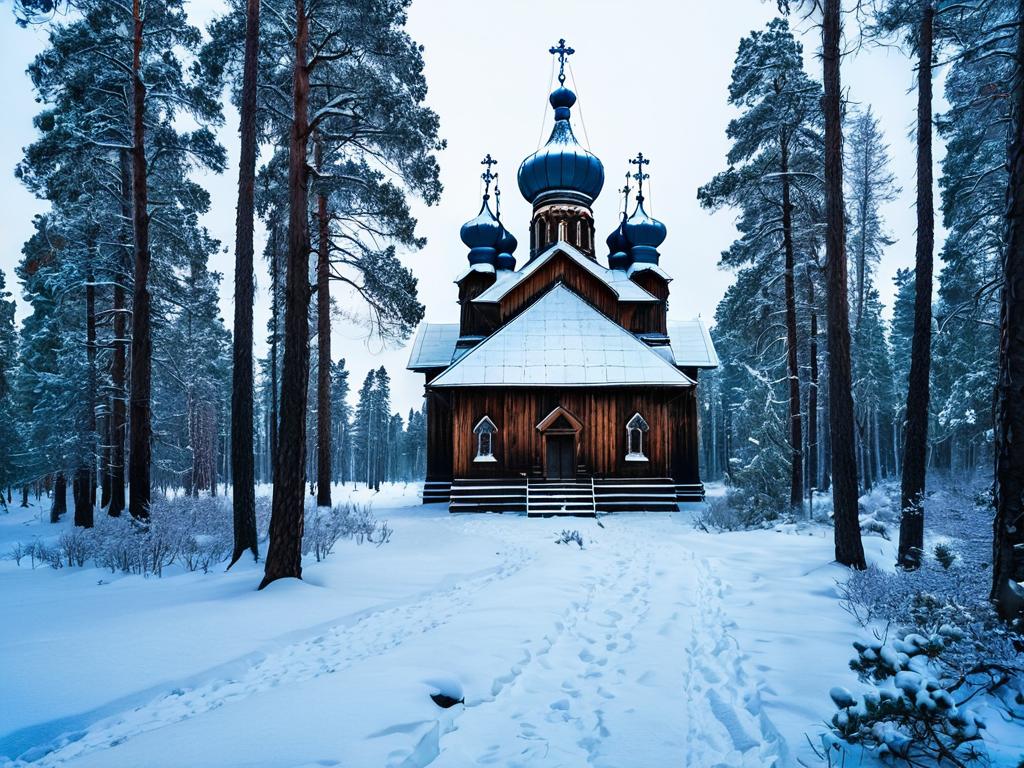 Старинная деревянная православная церковь в снежном сосновом лесу Архангельской области России