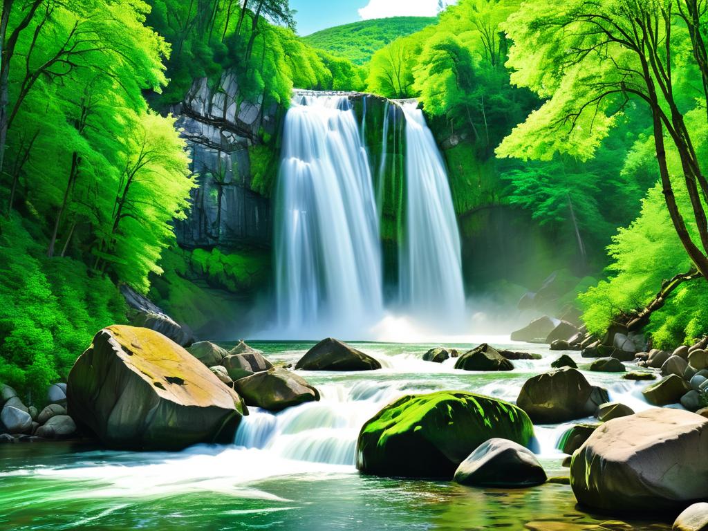 Живописный водопад в лесу среди зеленых деревьев и камней
