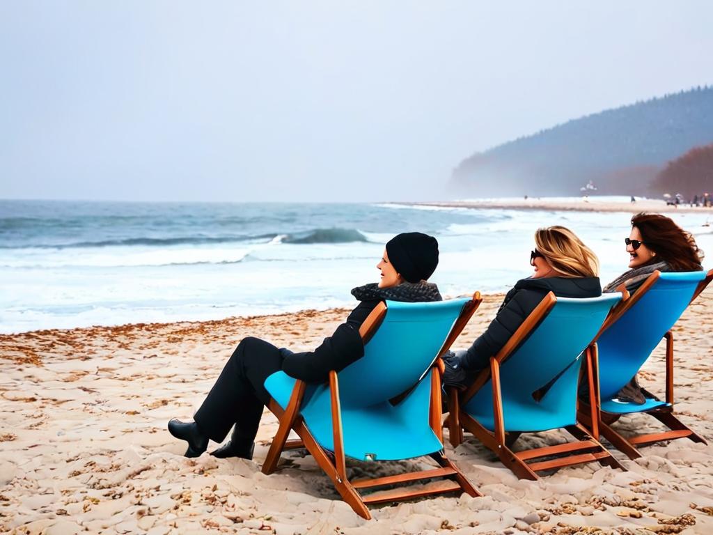 Отдыхающие в удобных креслах на зимнем пляже
