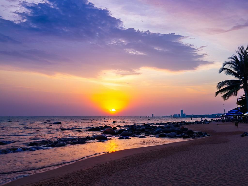 Закат на спокойном пляже Джомтьен на юге Паттайи