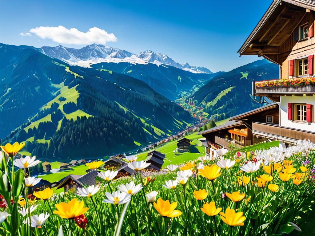 Идиллическая деревня Альпбах с цветущими цветами и видом на горы