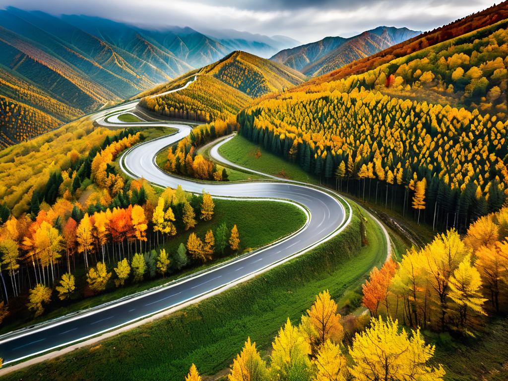 Горная дорога с поворотами проходит через осенний лес в Дагестане