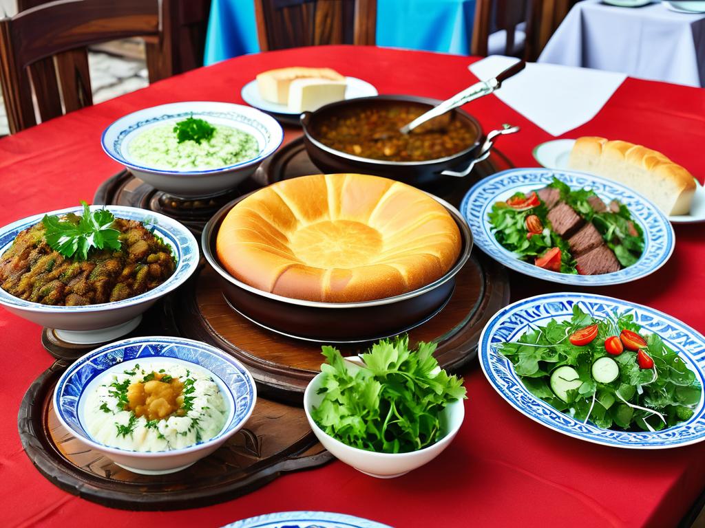 Традиционные дагестанские блюда, сервированные на столе - мясо, хлеб, салат