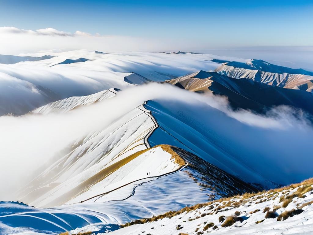 Заснеженный горный хребет и туман в долине внизу зимой в Армении