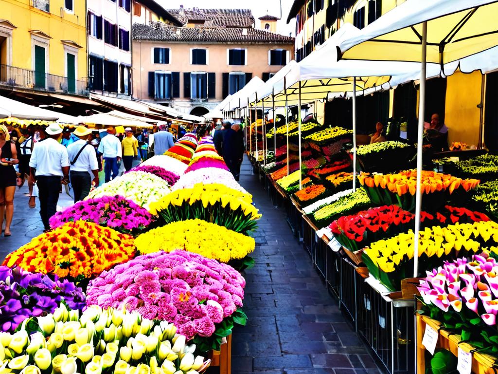 Цветочные лотки на рынке на площади Пьяцца Бра