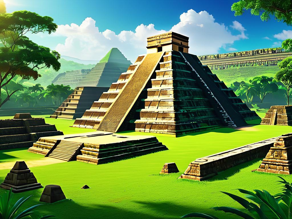 Руины храмов ацтеков среди зеленых холмов