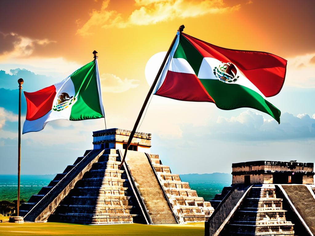 Флаг Мексики над пирамидами майя