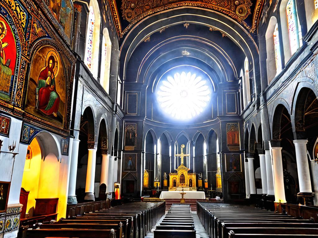 Интерьер церкви Святой Богородицы 19 века, также известной как Йот Верк, в Гюмри, Армения