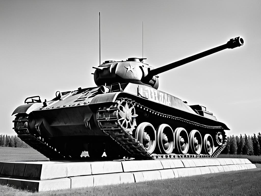 Черно-белое фото монумента танка Т-34 времен ВОВ