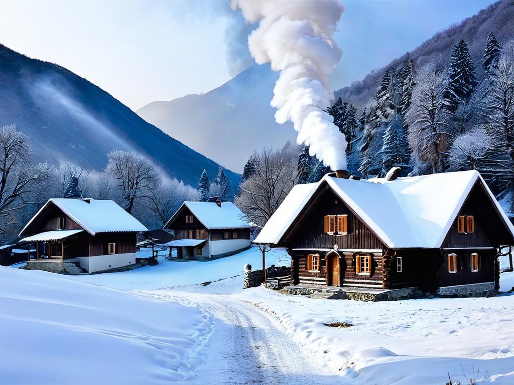 Зимний сербский горный village с деревянными домами в снегу