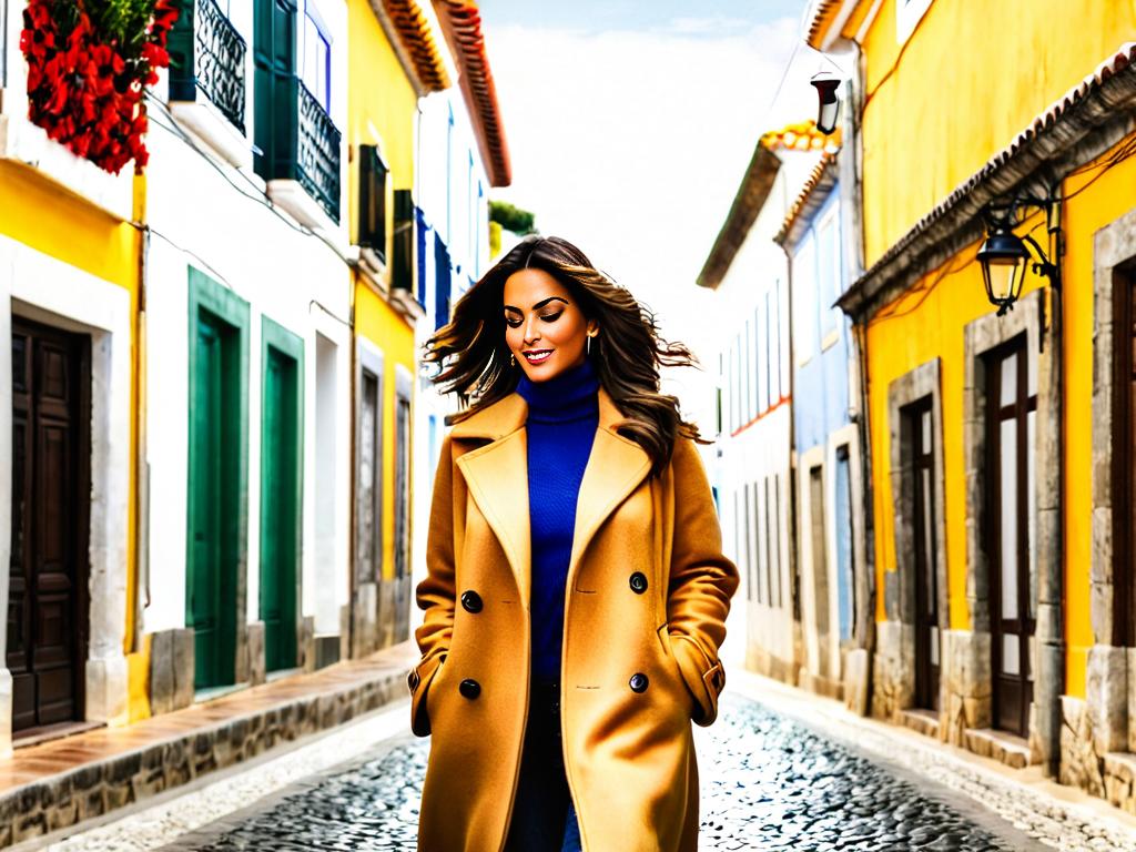 Женщина в теплой одежде на улице Португалии