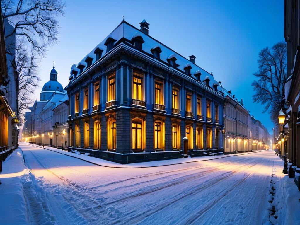 Снежная улица старого города в зимних вечерних сумерках