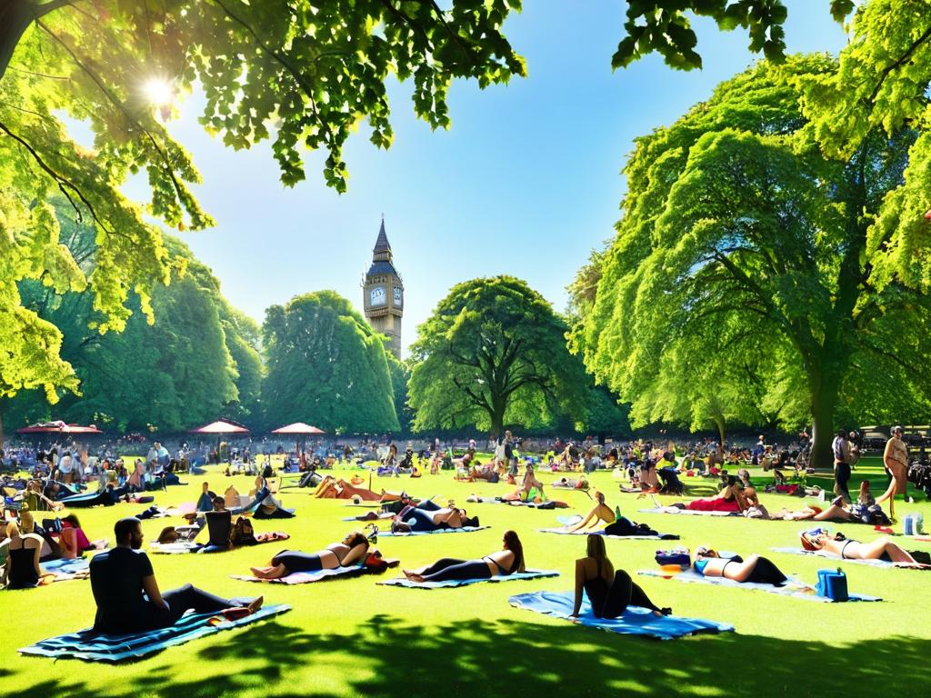 Люди загорают в лондонском парке летом