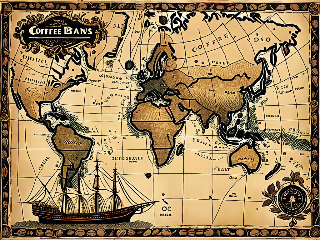 Старая карта с нарисованным морским торговым путем и кофейными зернами, обозначающими происхождение