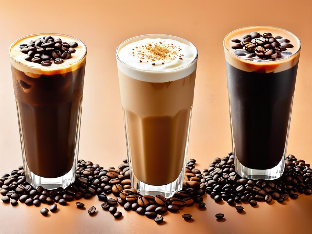 Вид сверху на три разных напитка холодного кофе в высоких стаканах, украшенных кофейными зернами,