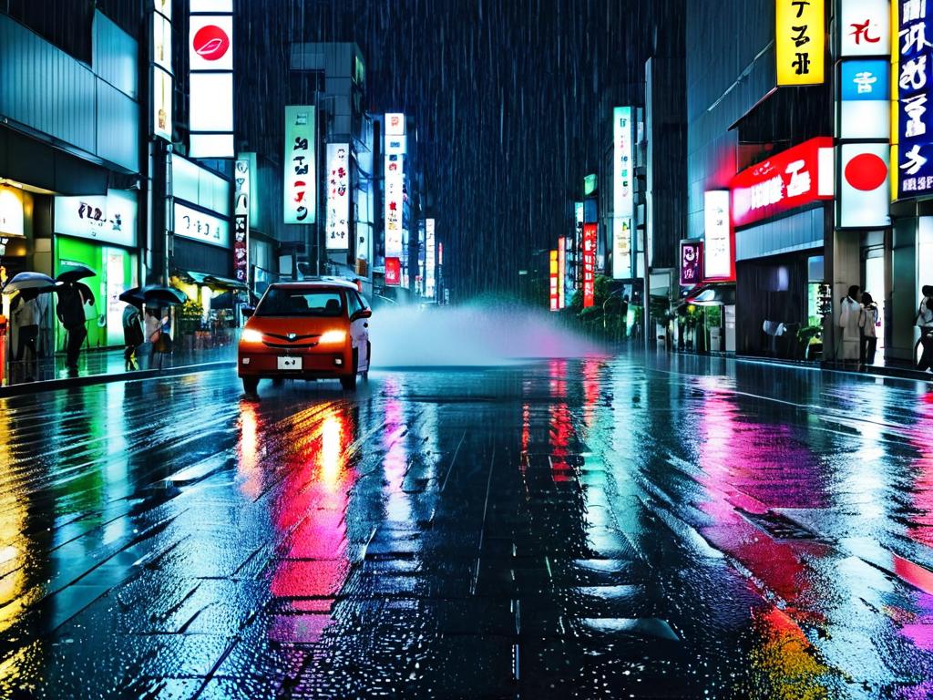 Сильный дождь на улицах Токио
