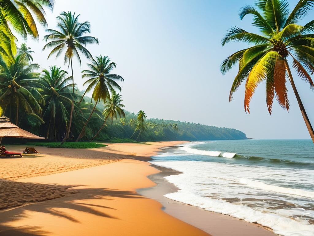 Живописный песчаный пляж, обрамленный пальмами в Северном Гоа, идеальное тропическое рая
