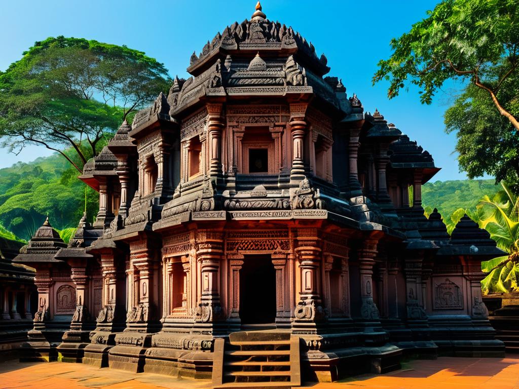 Древний индуистский храм, украшенный затейливой каменной резьбой, Северный Гоа, Индия