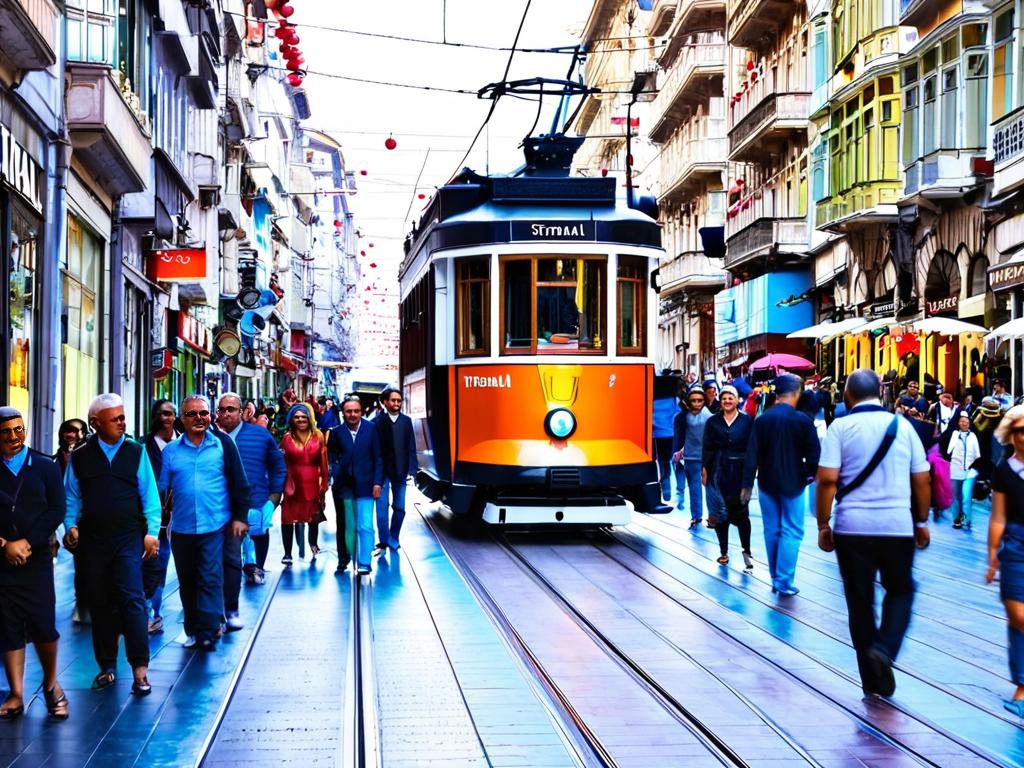 Люди гуляют по улице Истикляль со старым трамваем в Стамбуле, Турция. Главная торговая улица