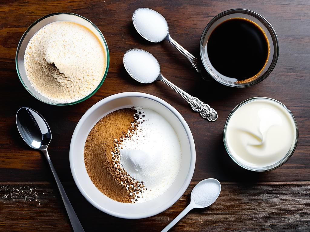 Фото ингредиентов для классического раф кофе - молотый кофе, сахар, ванильный сахар, мерные ложки,